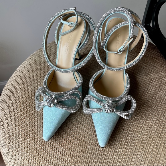 Mach & Mach double crystal bow shimmer ankle strap heels - Picture 8 of 17